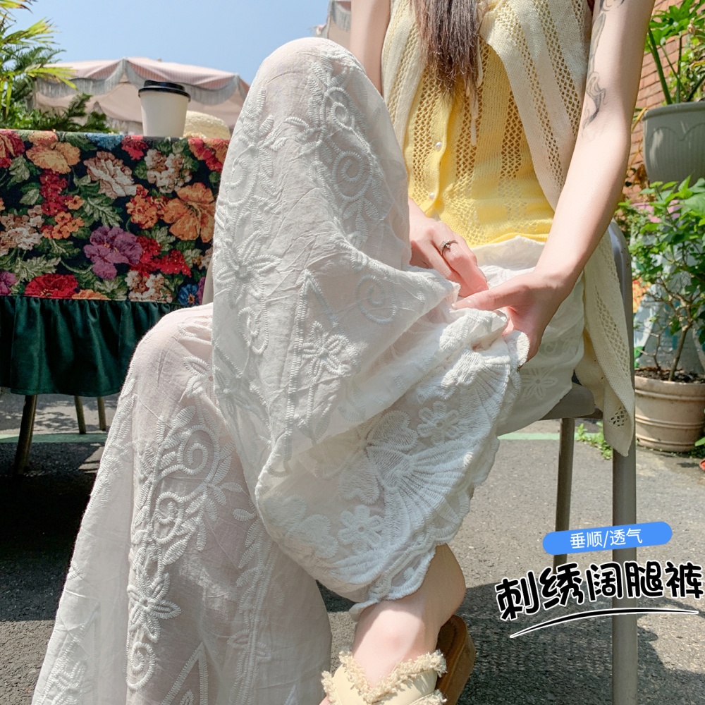 Jacquard embroidery summer hollow wide leg pants for women