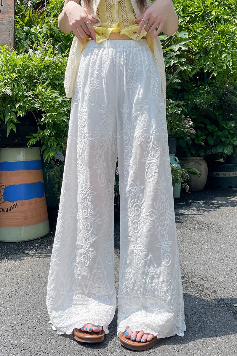 Jacquard embroidery summer hollow wide leg pants for women