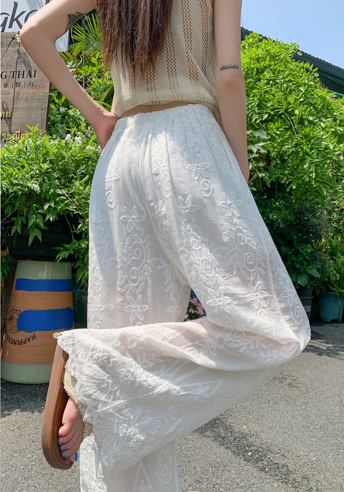 Jacquard embroidery summer hollow wide leg pants for women