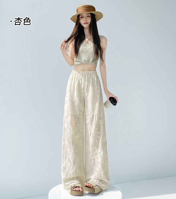 Lace crochet hollow embroidery wide leg pants for women