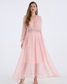 V-neck high waist beading A-line light long sleeve sexy thin dress