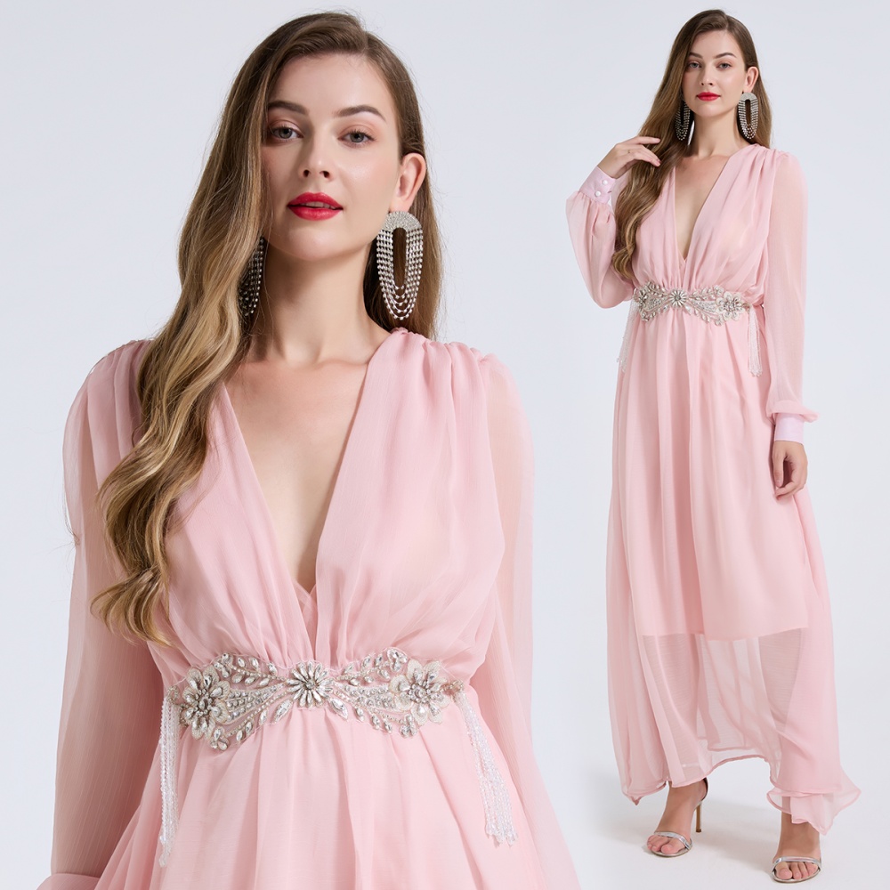 V-neck high waist beading A-line light long sleeve sexy thin dress