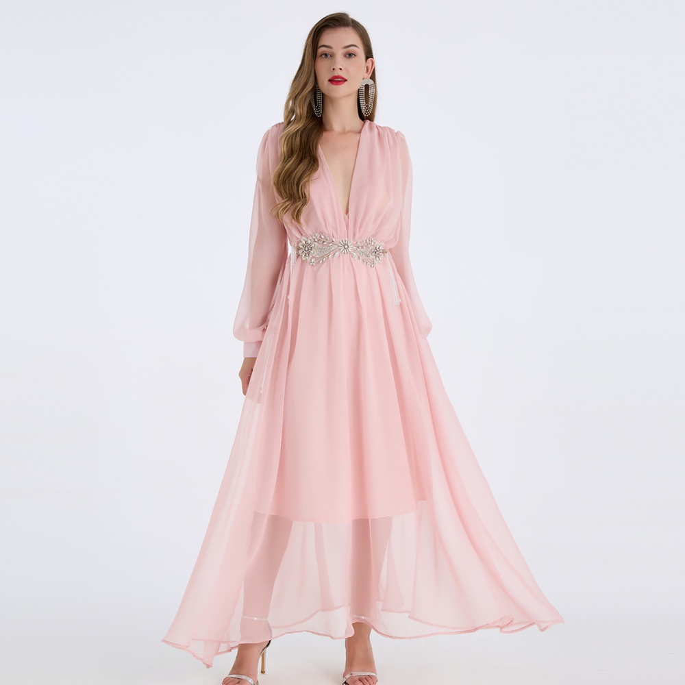 V-neck high waist beading A-line light long sleeve sexy thin dress