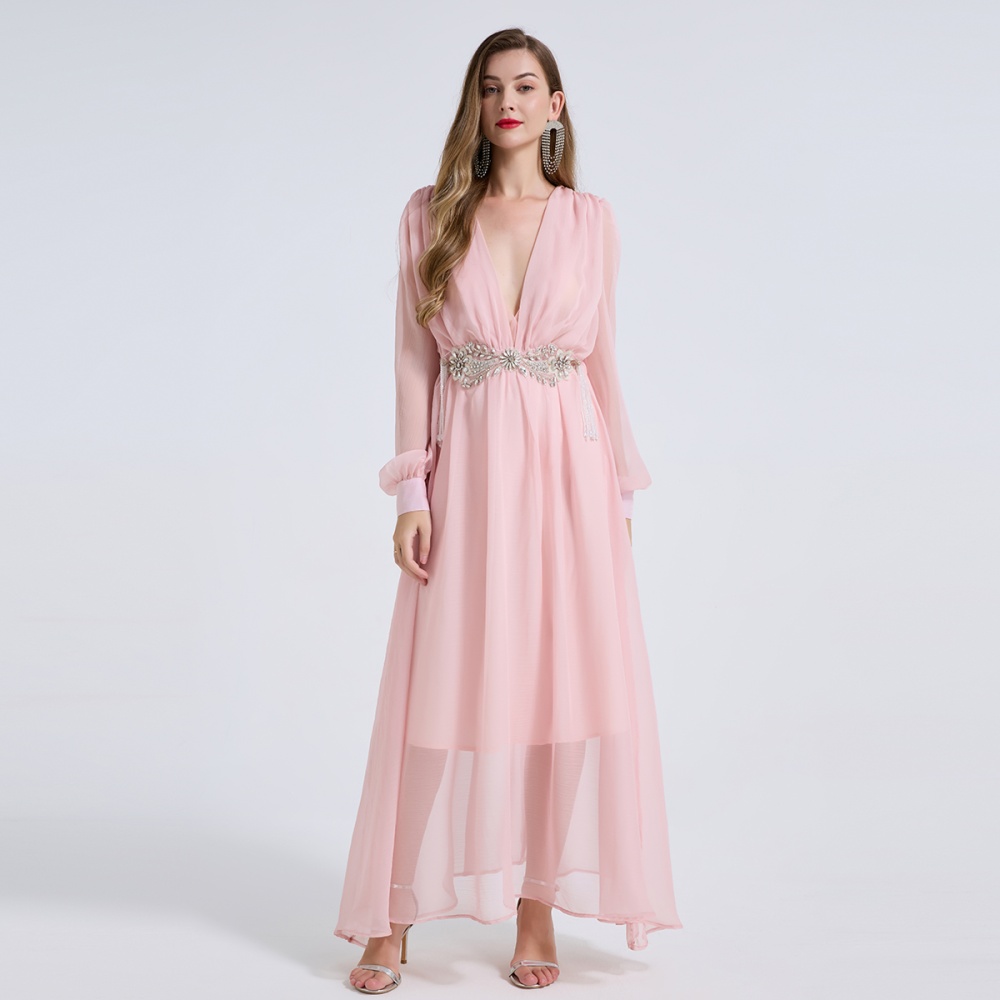 V-neck high waist beading A-line light long sleeve sexy thin dress