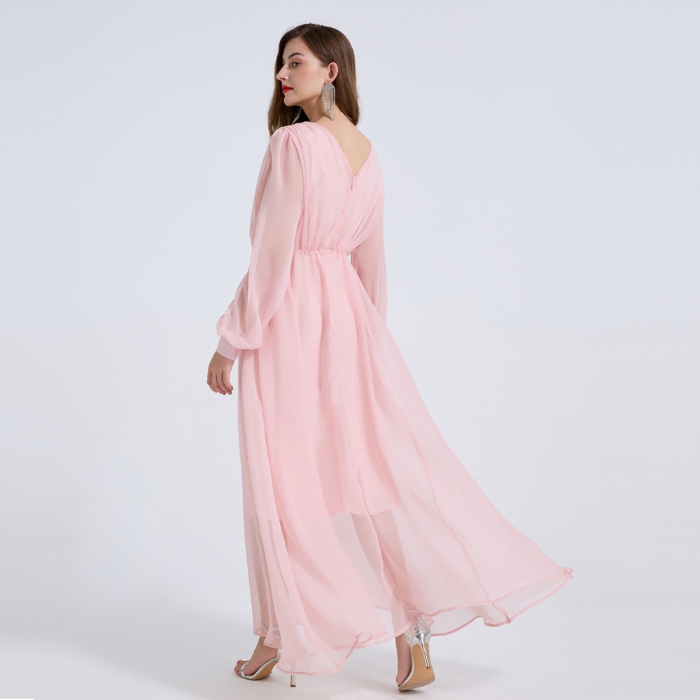V-neck high waist beading A-line light long sleeve sexy thin dress