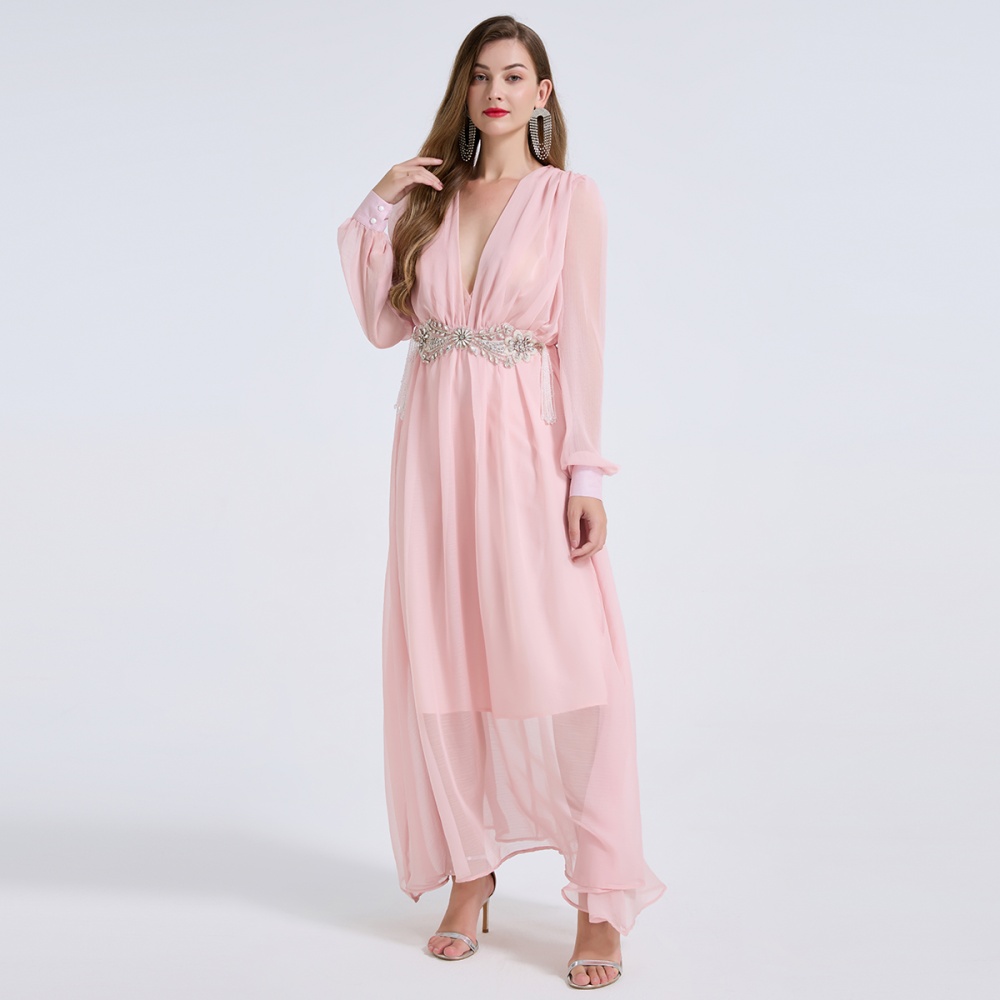 V-neck high waist beading A-line light long sleeve sexy thin dress