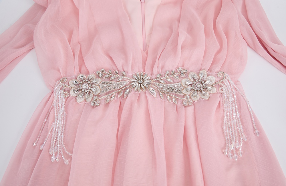 V-neck high waist beading A-line light long sleeve sexy thin dress