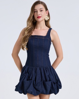 Denim bubble strap dress fashion elasticity dress
