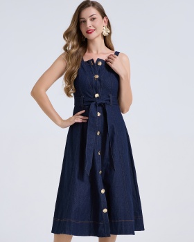 Denim slim dress bandage metal buckles sleeveless dress