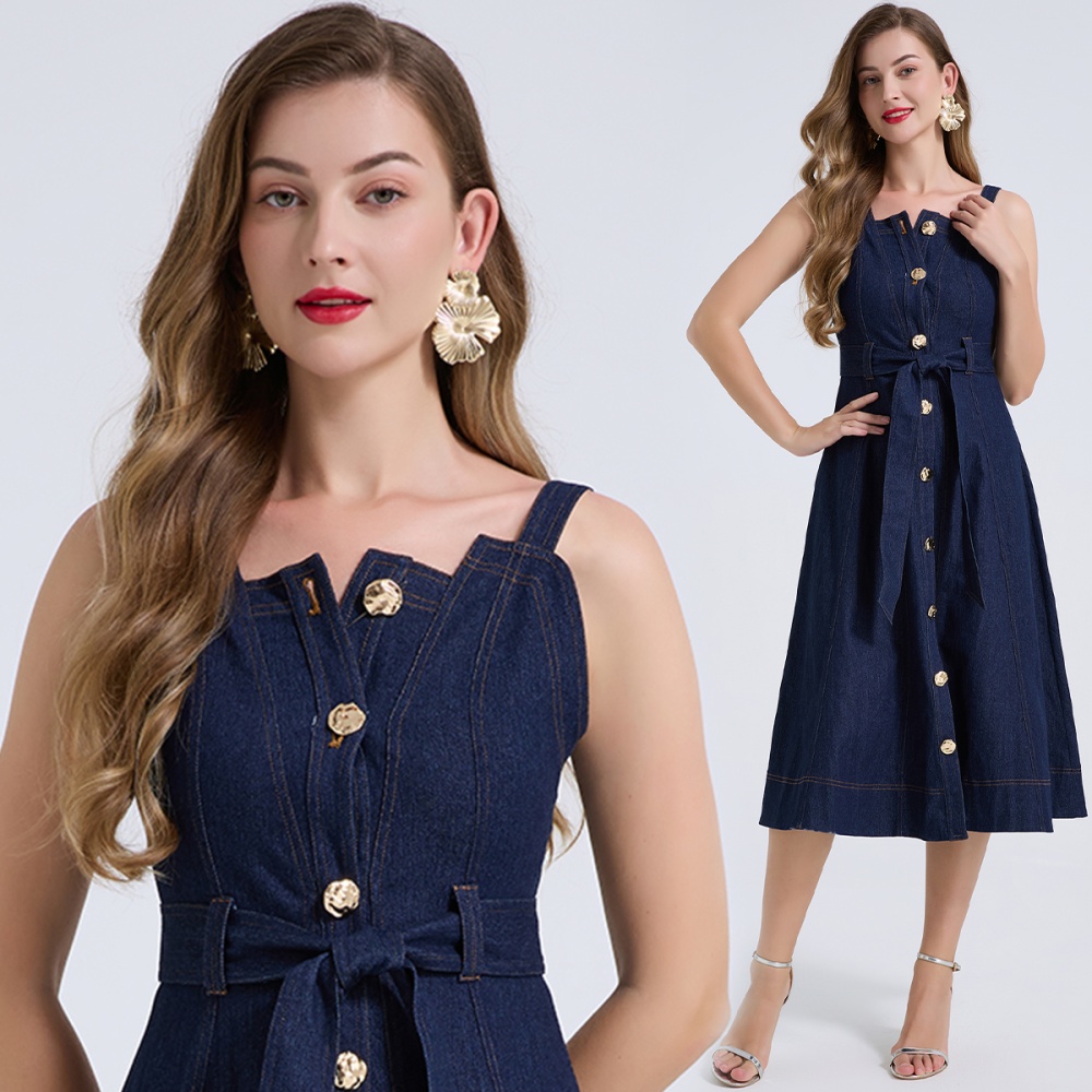 Denim slim dress bandage metal buckles sleeveless dress