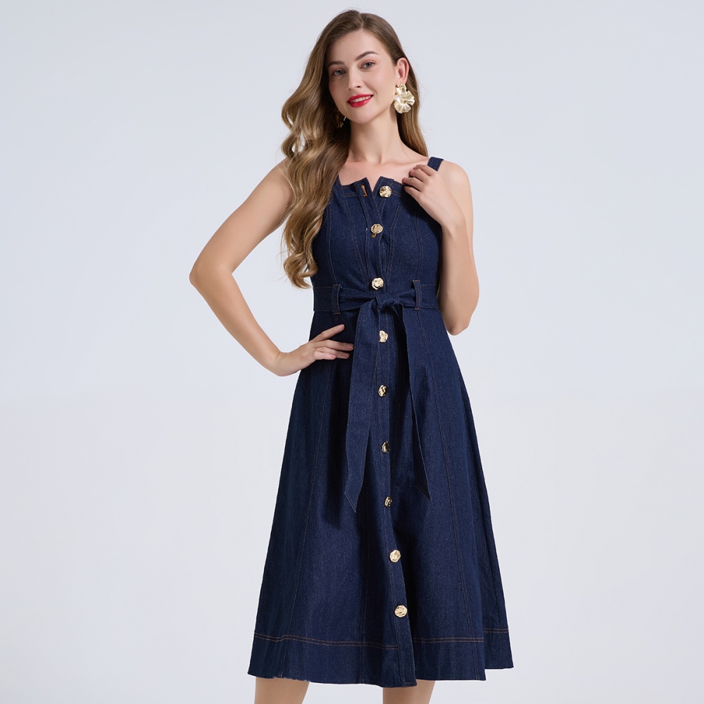 Denim slim dress bandage metal buckles sleeveless dress