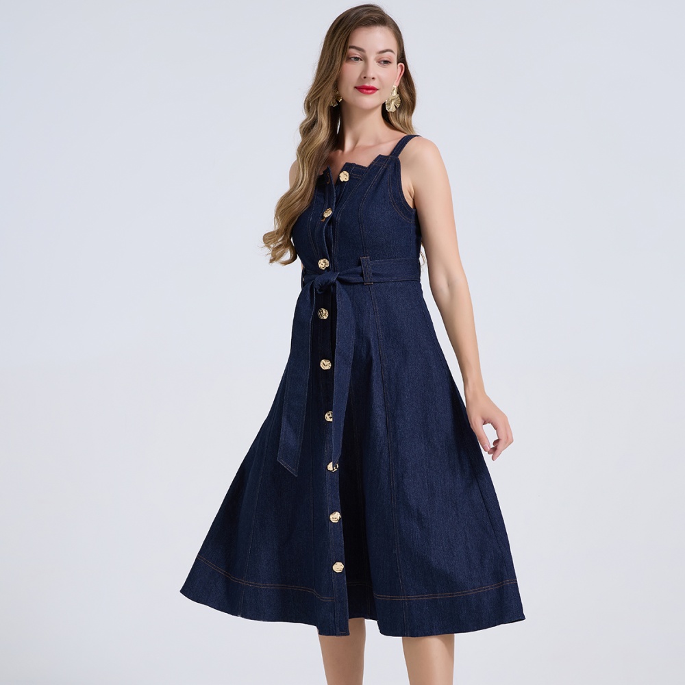 Denim slim dress bandage metal buckles sleeveless dress