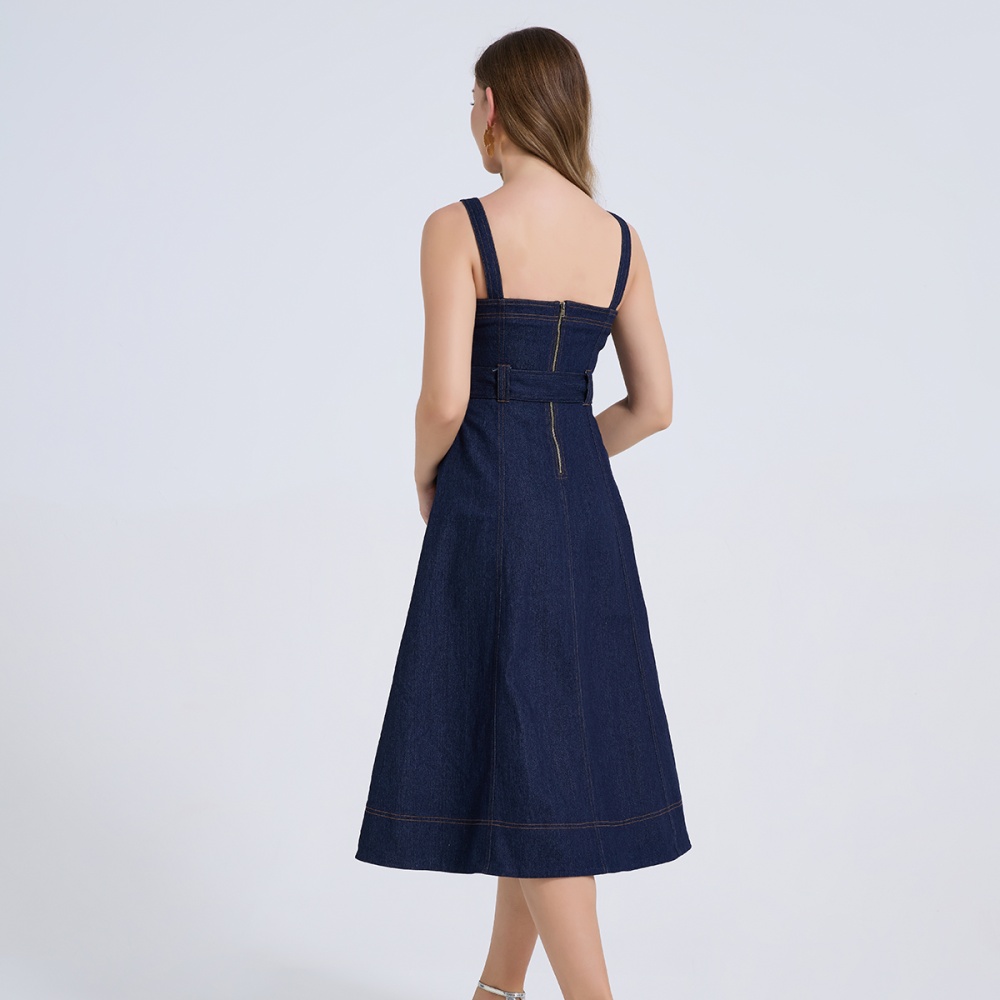 Denim slim dress bandage metal buckles sleeveless dress