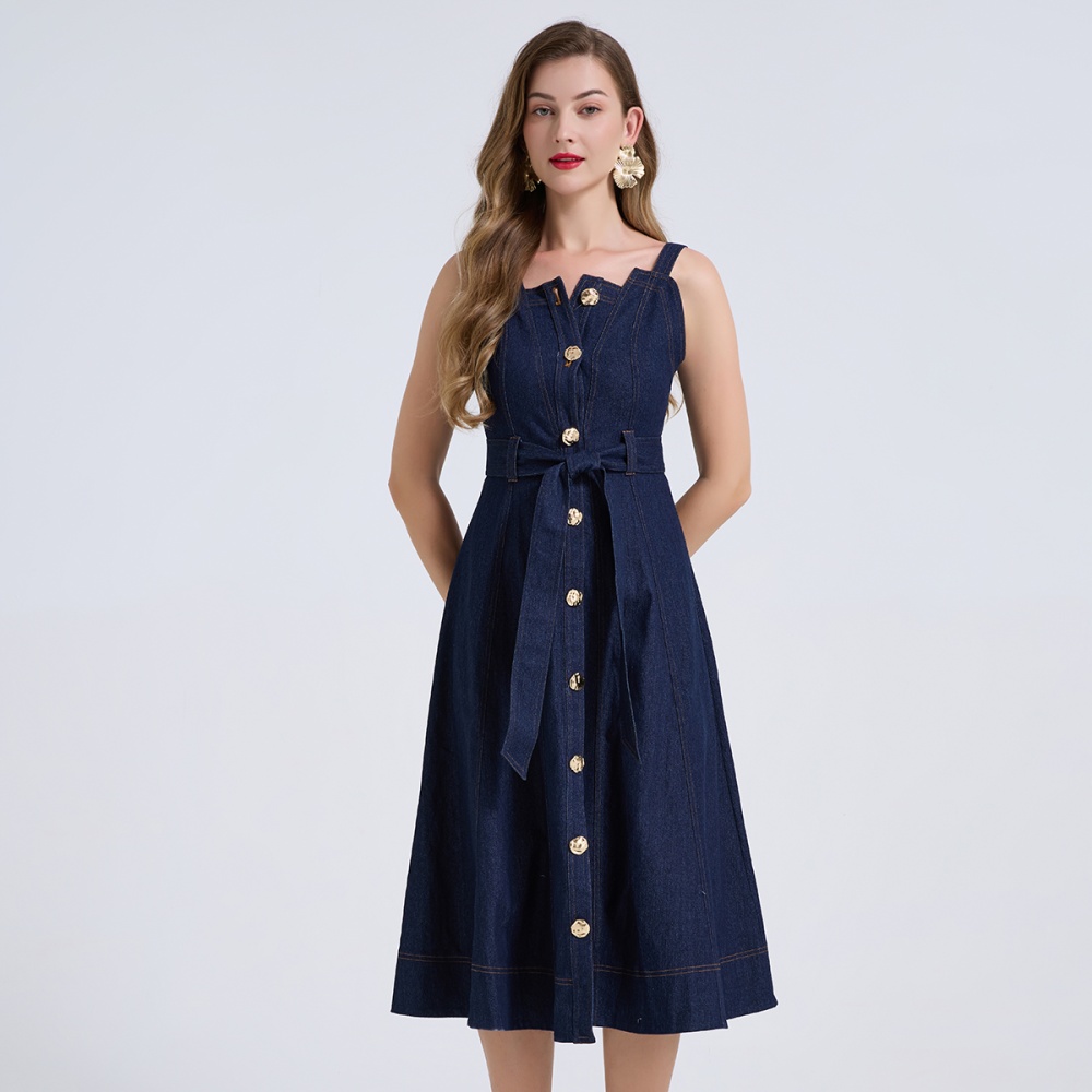 Denim slim dress bandage metal buckles sleeveless dress