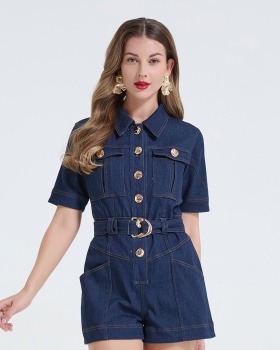 Fashion high waist jumpsuit many pocket metal buckles shirt