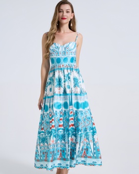 Wrapped chest A-line printing pinched waist dress