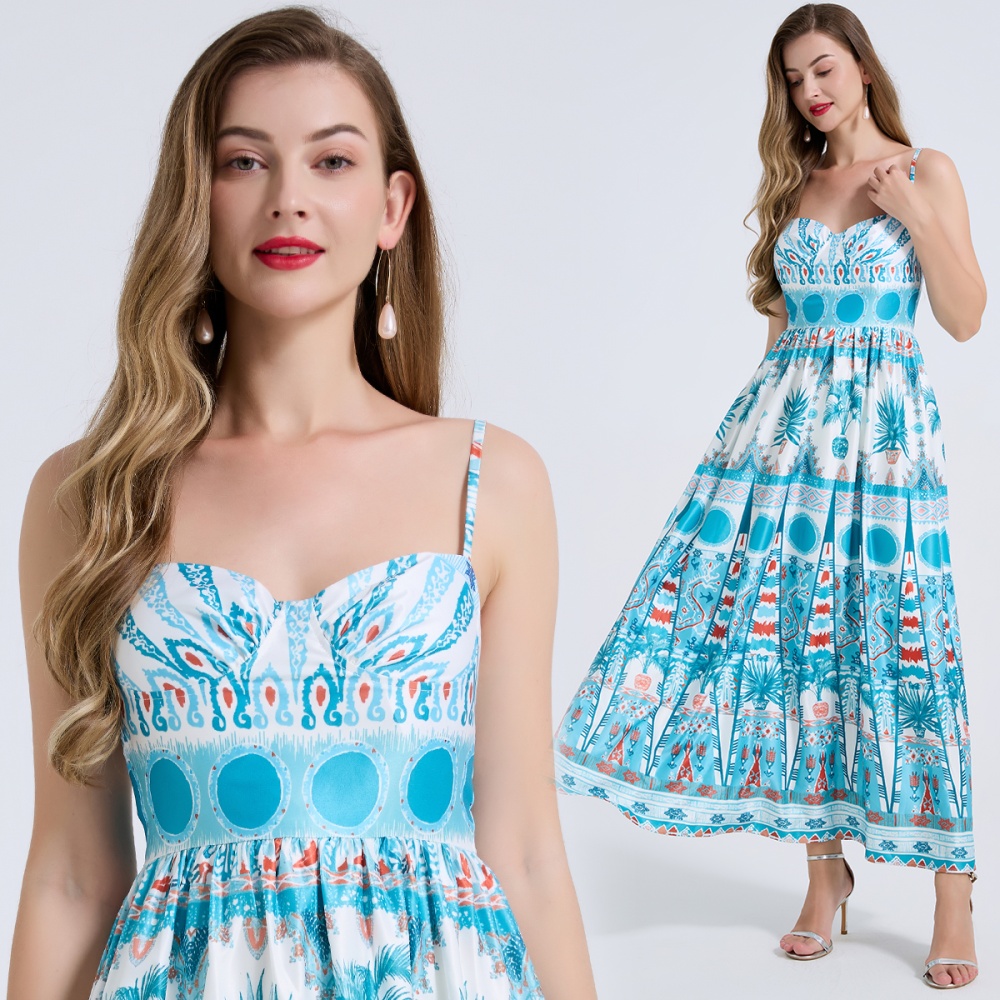 Wrapped chest A-line printing pinched waist dress