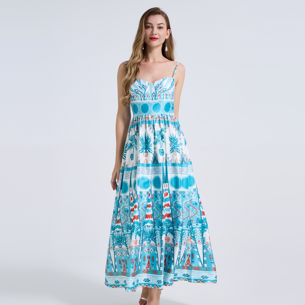 Wrapped chest A-line printing pinched waist dress