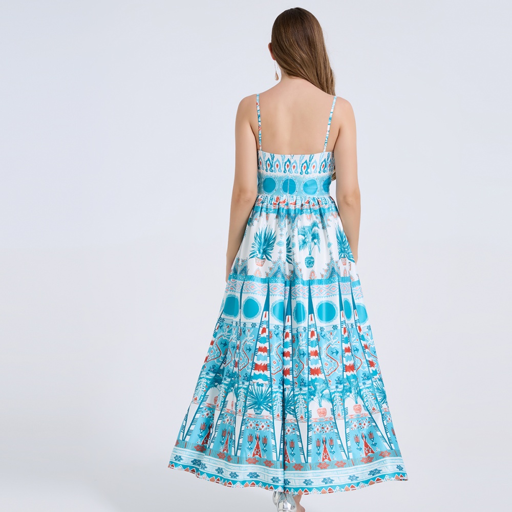 Wrapped chest A-line printing pinched waist dress