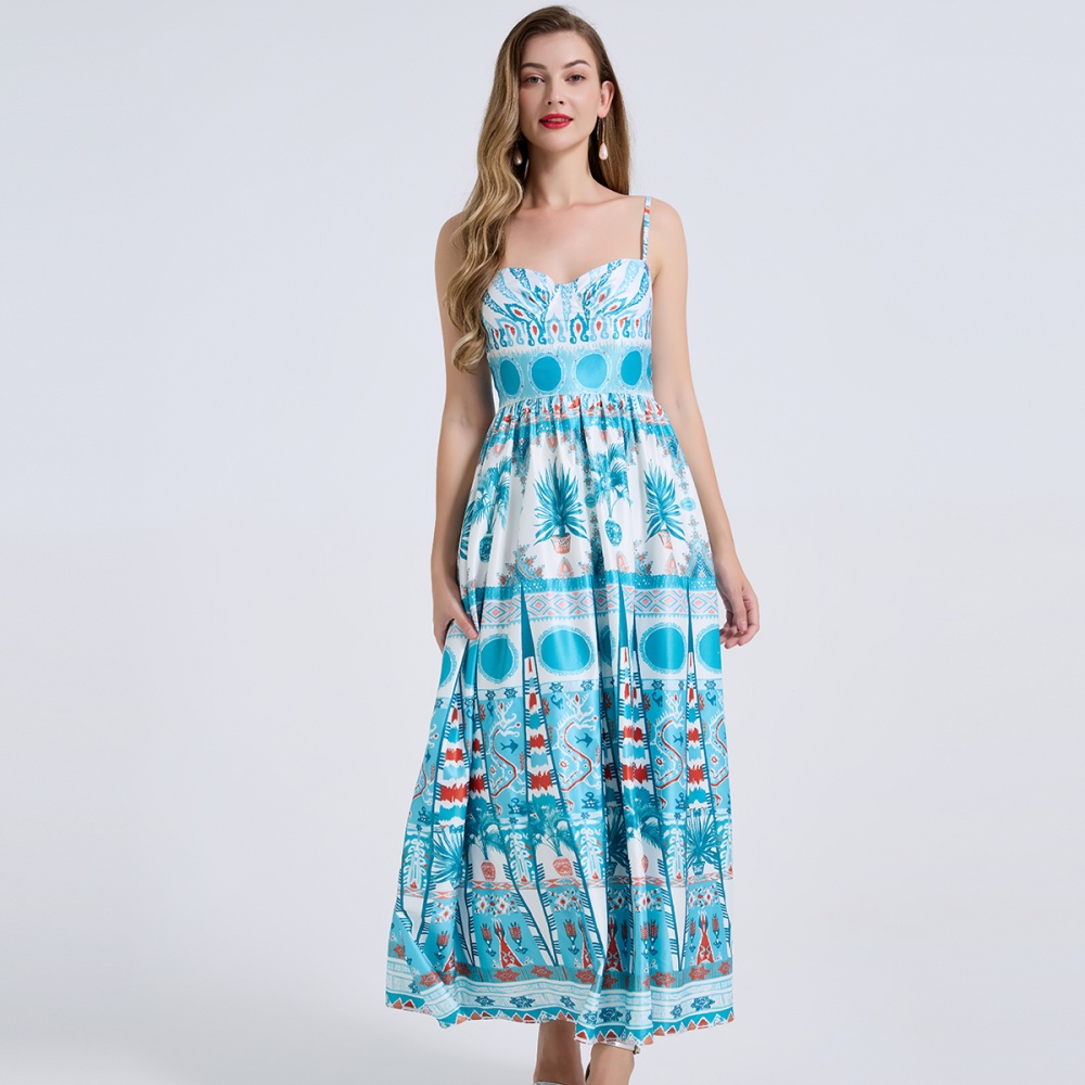 Wrapped chest A-line printing pinched waist dress