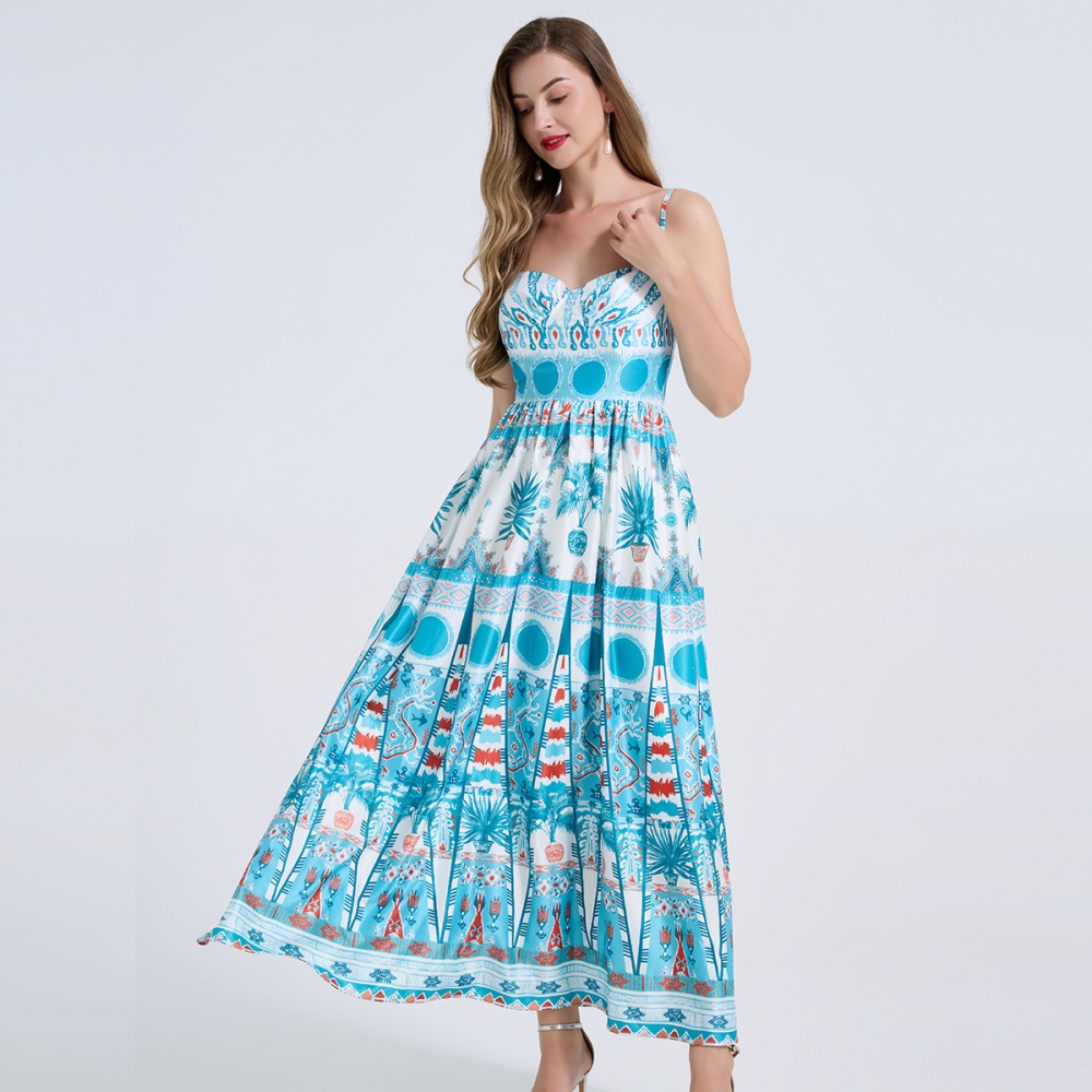 Wrapped chest A-line printing pinched waist dress