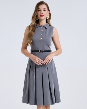 Pleated shirt collar vest high waist slim dress