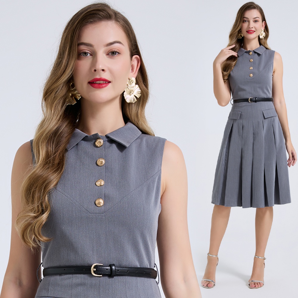 Pleated shirt collar vest high waist slim dress