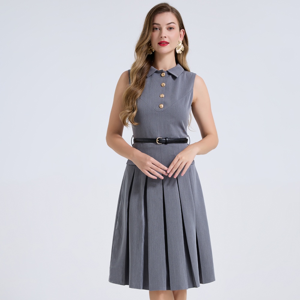 Pleated shirt collar vest high waist slim dress