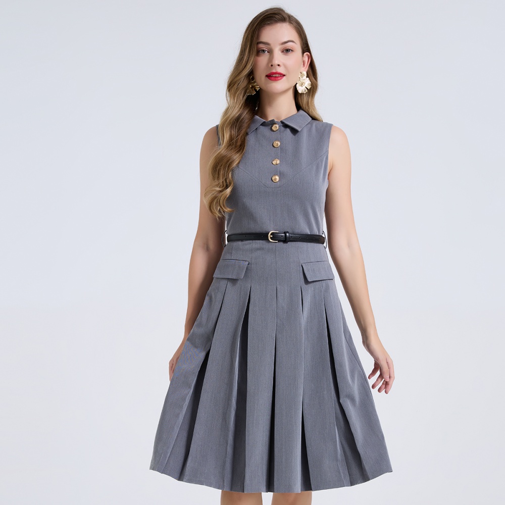 Pleated shirt collar vest high waist slim dress
