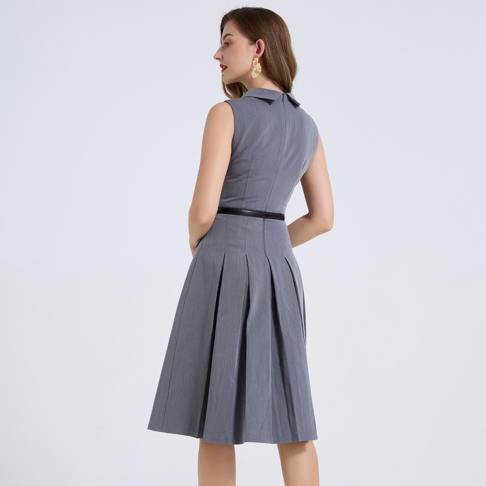 Pleated shirt collar vest high waist slim dress