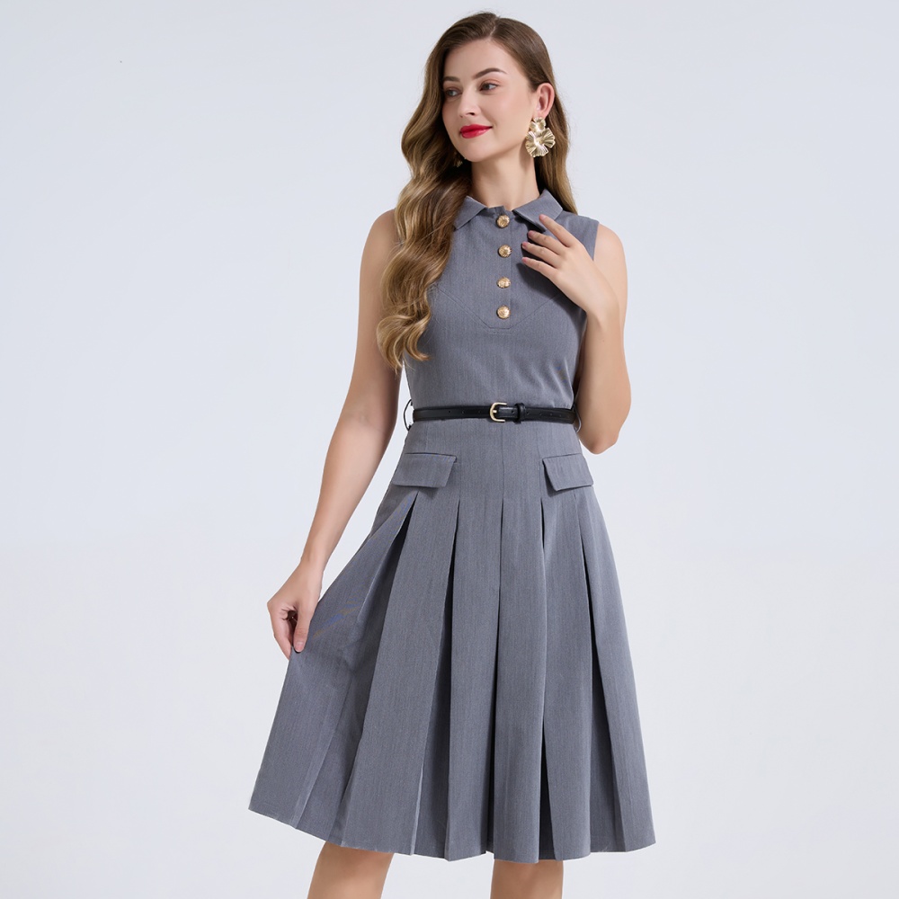 Pleated shirt collar vest high waist slim dress