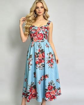 Wrapped chest high waist sling printing retro dress