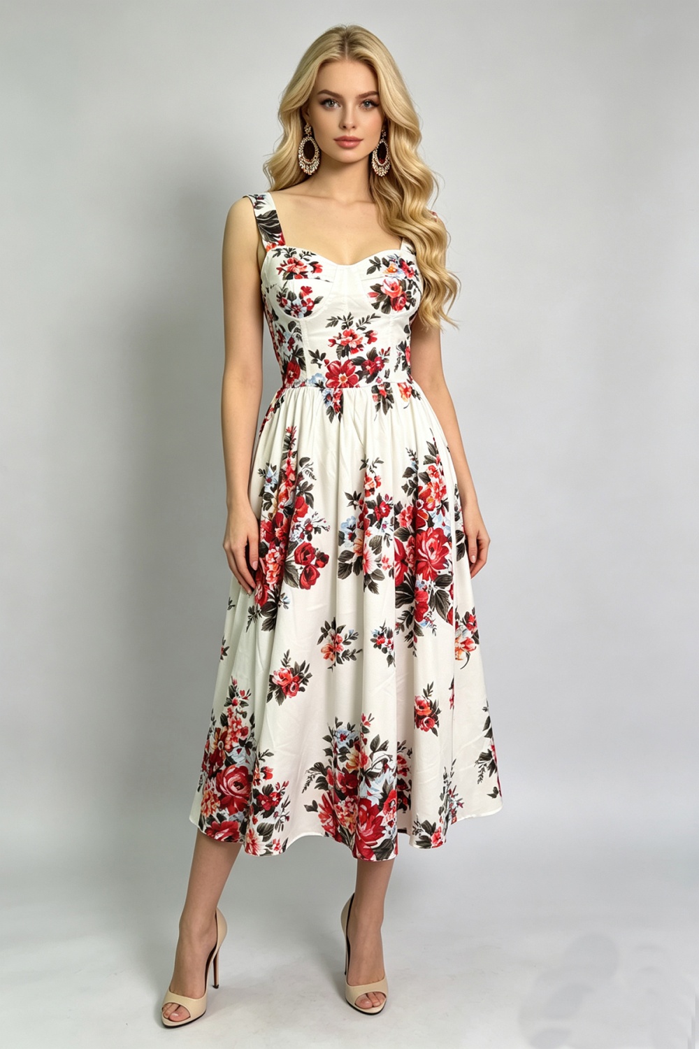 Wrapped chest high waist sling printing retro dress