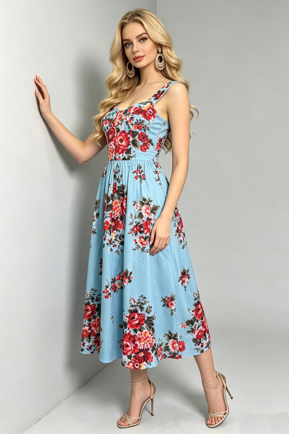 Wrapped chest high waist sling printing retro dress
