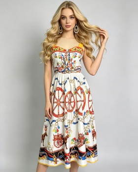 Printing wrapped chest sling retro back elastic dress