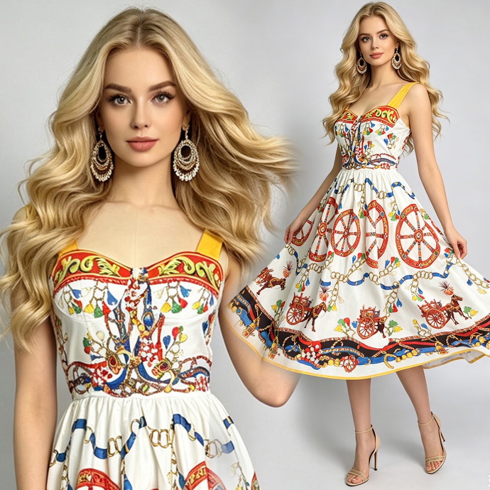 Printing wrapped chest sling retro back elastic dress