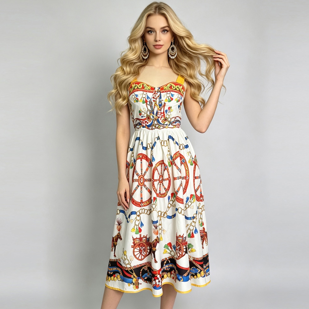 Printing wrapped chest sling retro back elastic dress