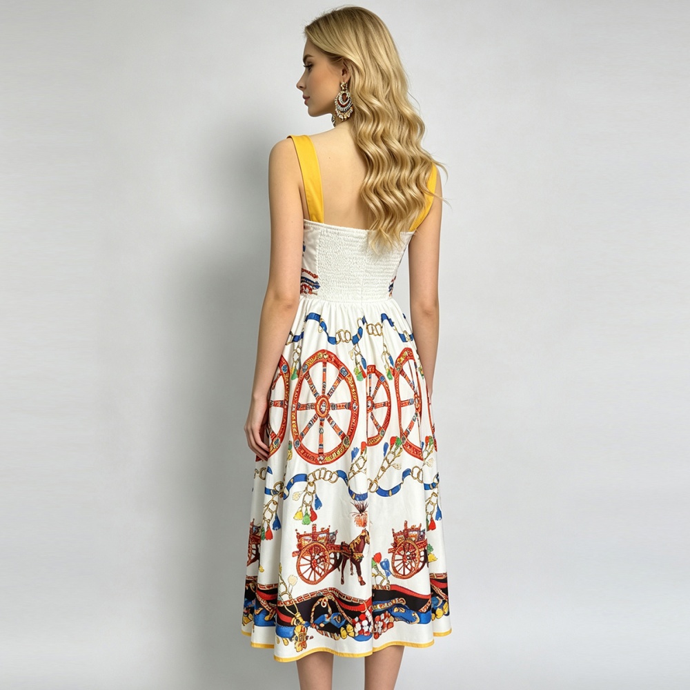 Printing wrapped chest sling retro back elastic dress