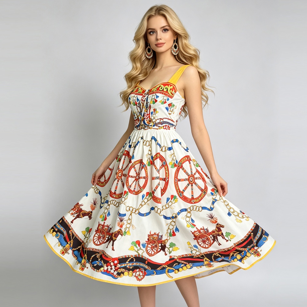 Printing wrapped chest sling retro back elastic dress