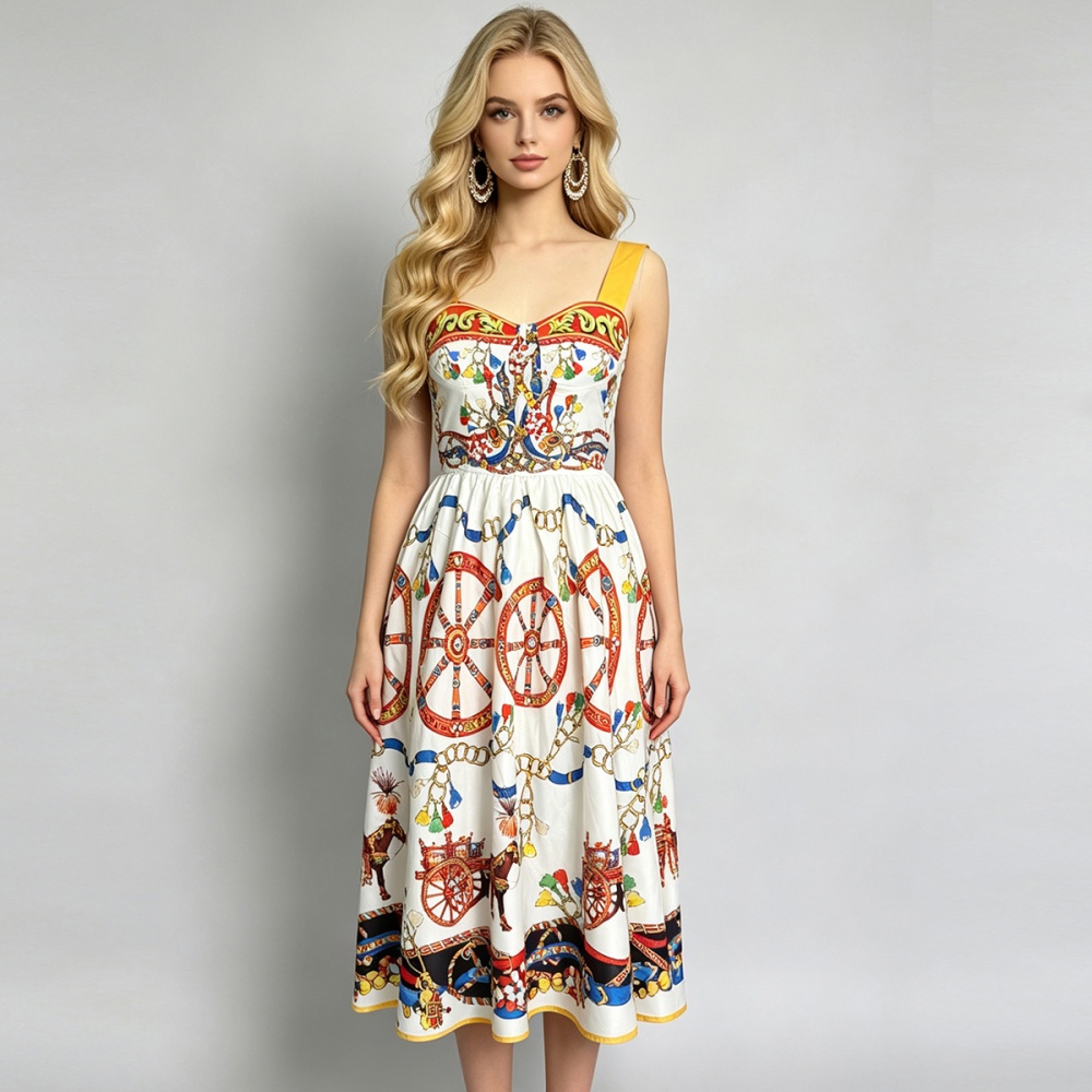Printing wrapped chest sling retro back elastic dress