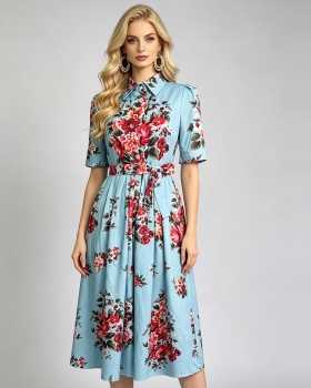 Big skirt lapel dress printing pinched waist shirt