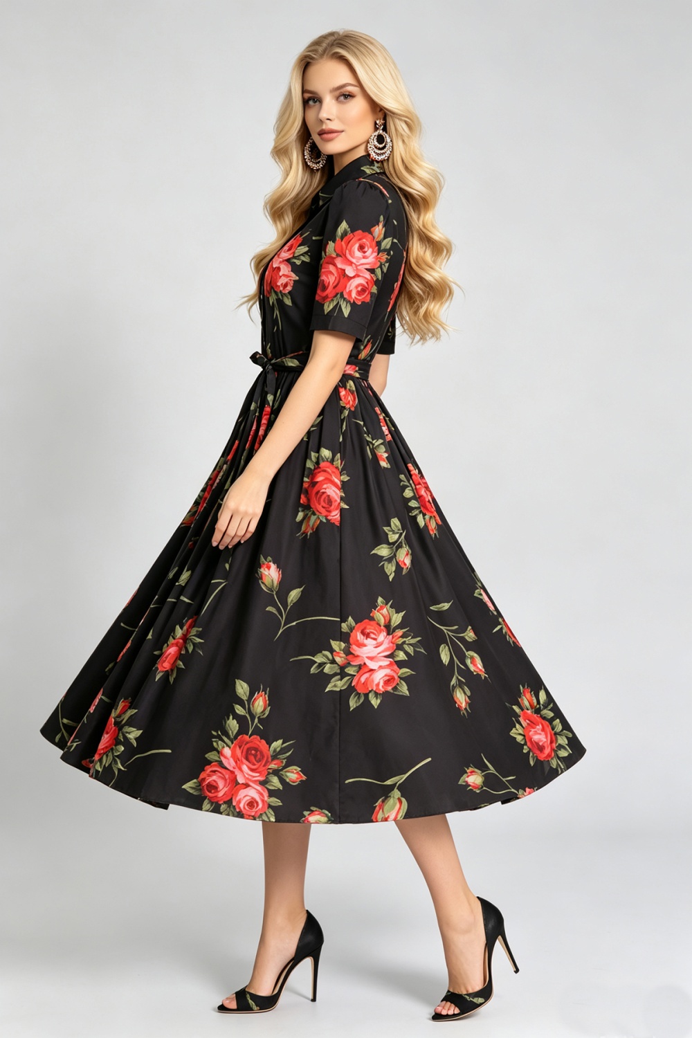 Big skirt lapel dress printing pinched waist shirt