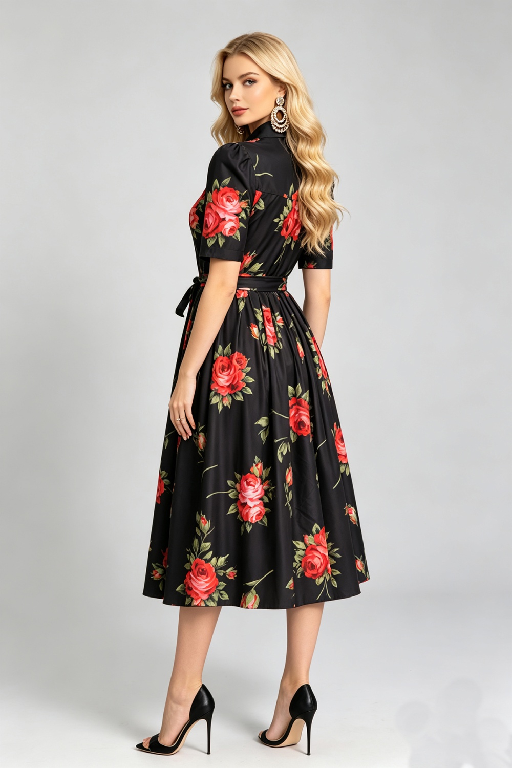Big skirt lapel dress printing pinched waist shirt