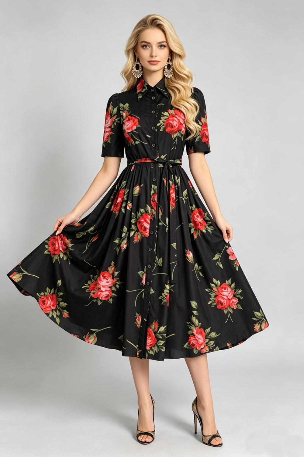 Big skirt lapel dress printing pinched waist shirt