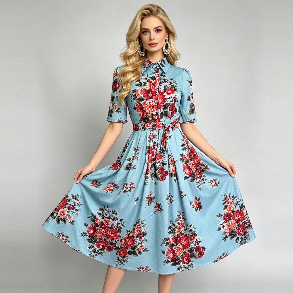 Big skirt lapel dress printing pinched waist shirt