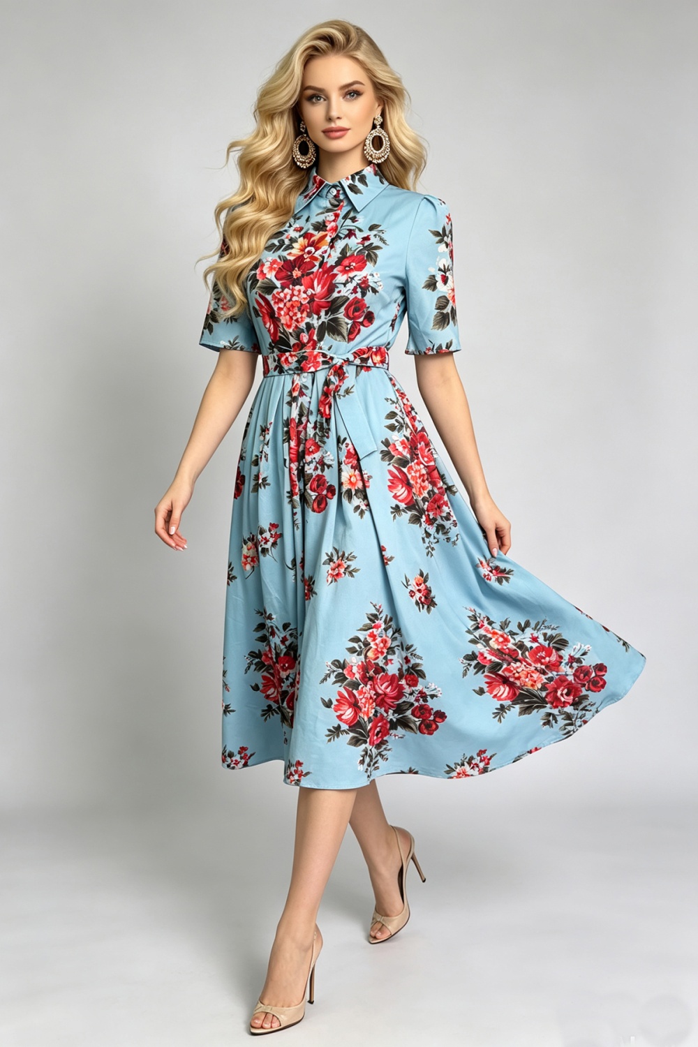 Big skirt lapel dress printing pinched waist shirt