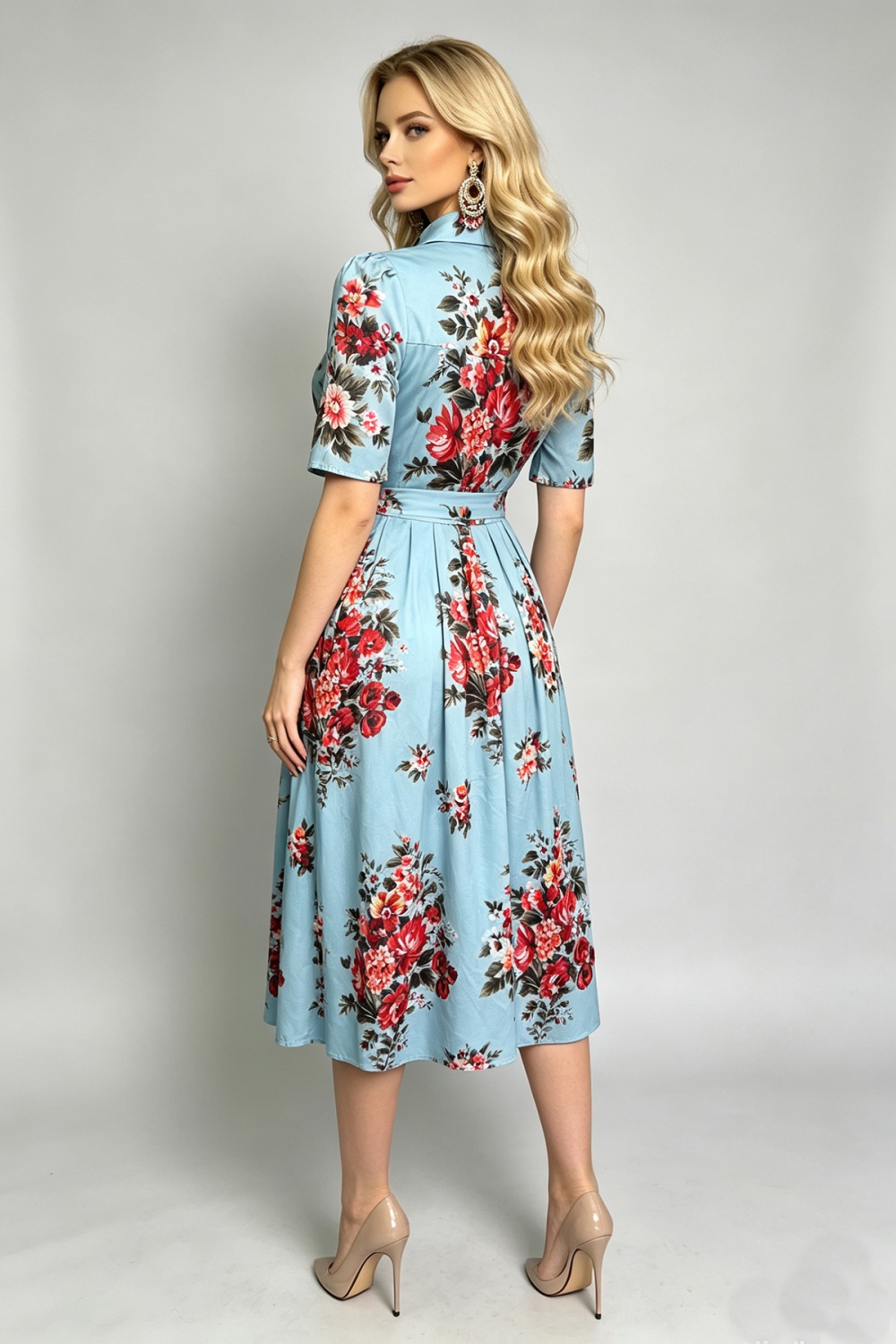 Big skirt lapel dress printing pinched waist shirt