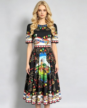 Round neck printing slim high waist big skirt dress