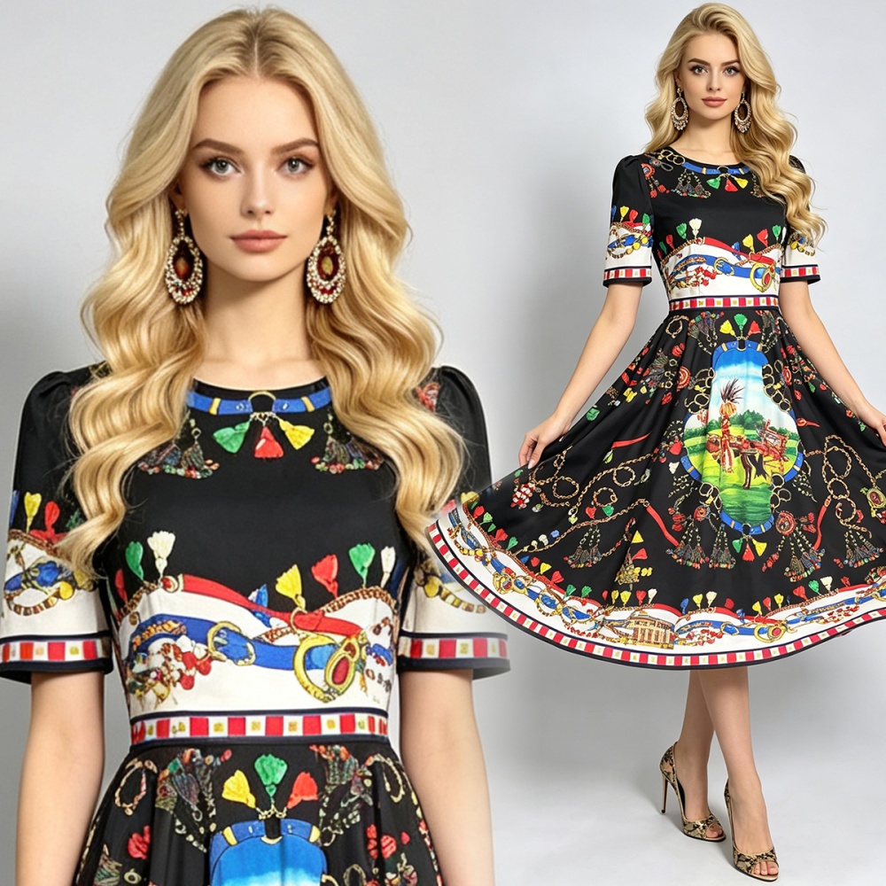 Round neck printing slim high waist big skirt dress