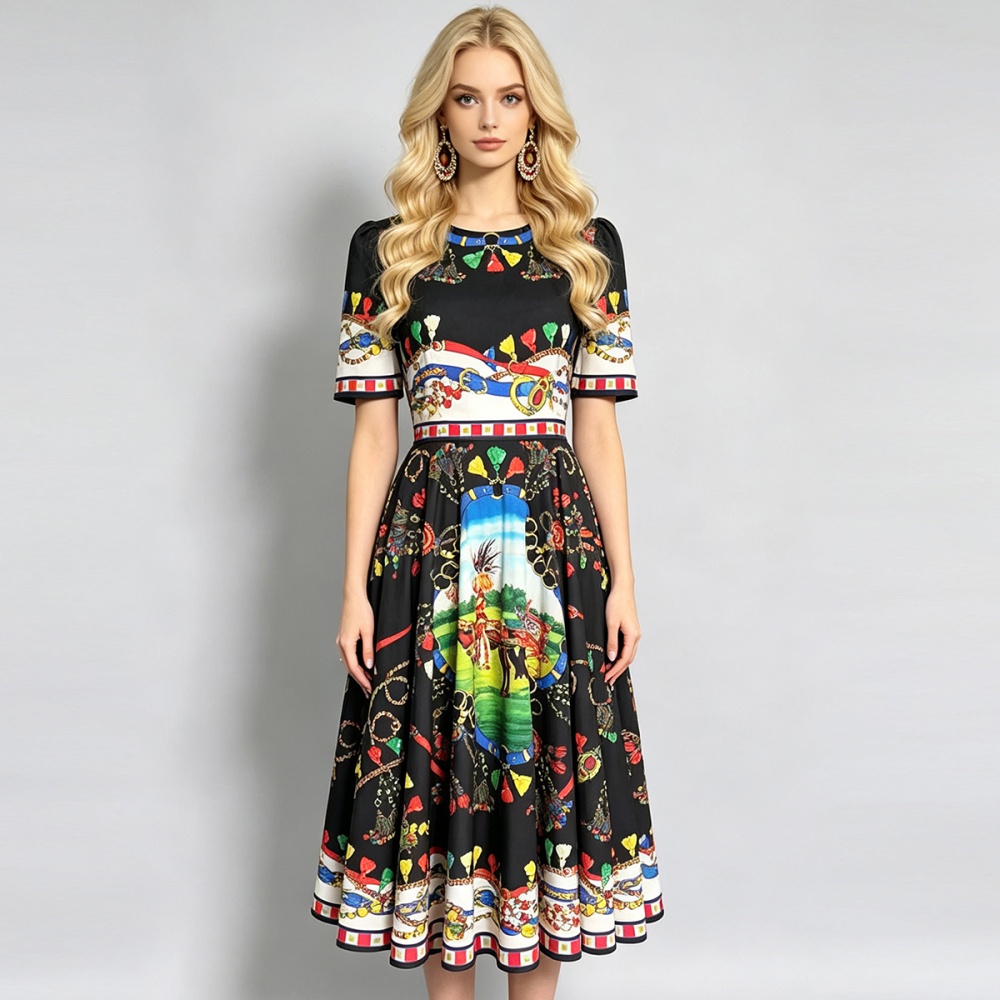 Round neck printing slim high waist big skirt dress
